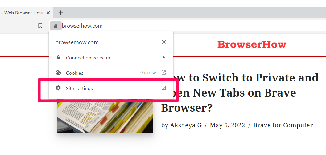 Site Settings on Brave browser Computer Address bar