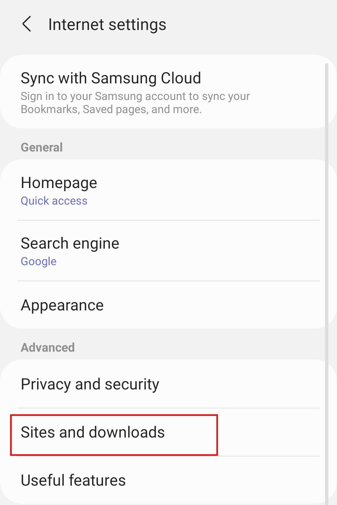 Sites and download settings in Samsung Internet