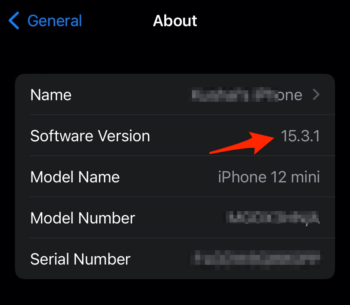 Nomor versi perangkat lunak dalam pengaturan umum iPhone