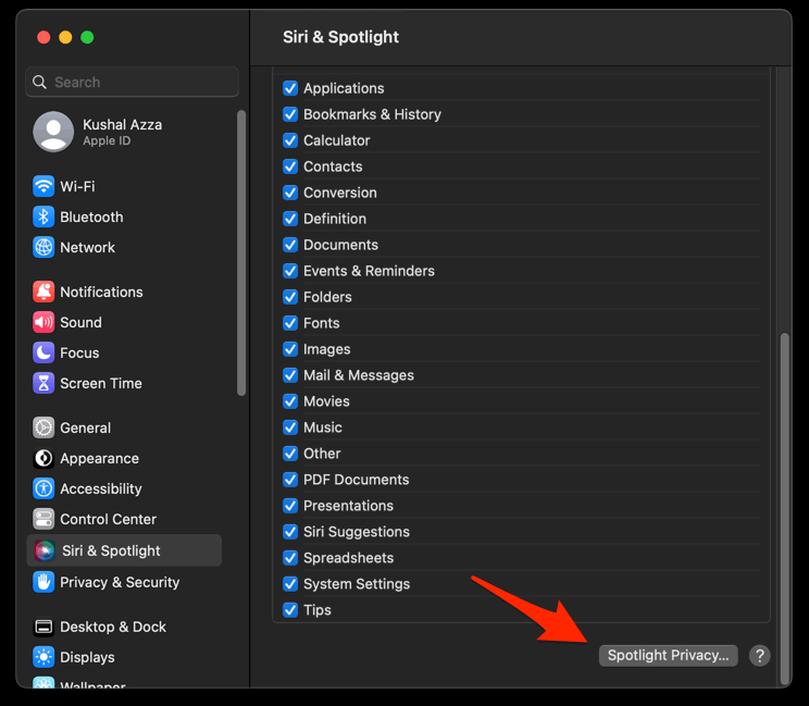 Spotlight Privacy Settings command on macOS