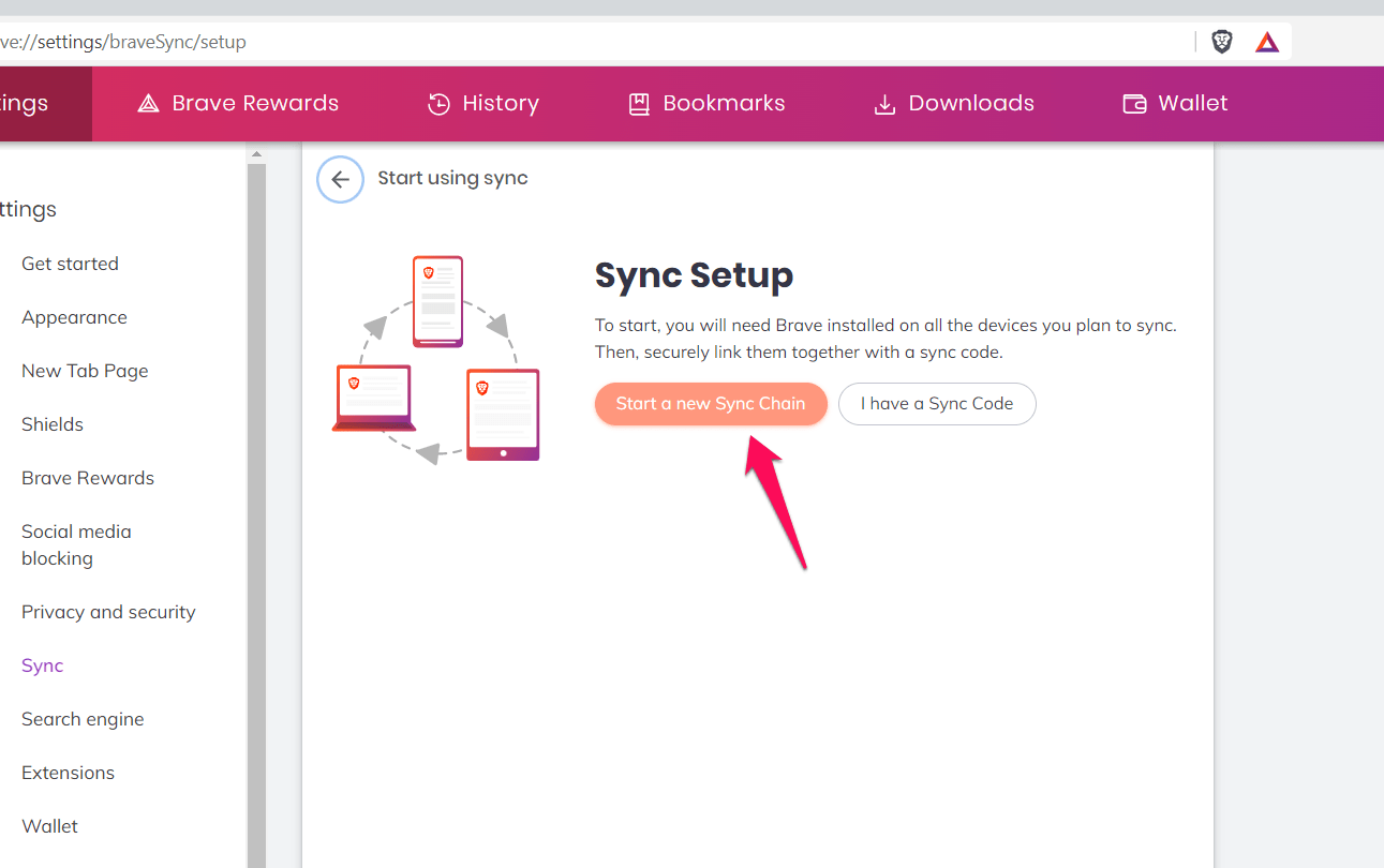 Start a new Sync Chain option in Brave Computer