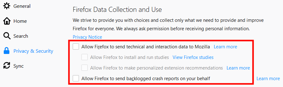 Stop Firefox To Send Technical And Interaction Data To Mozilla