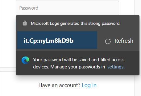 Strong password example generate with Microsoft Edge