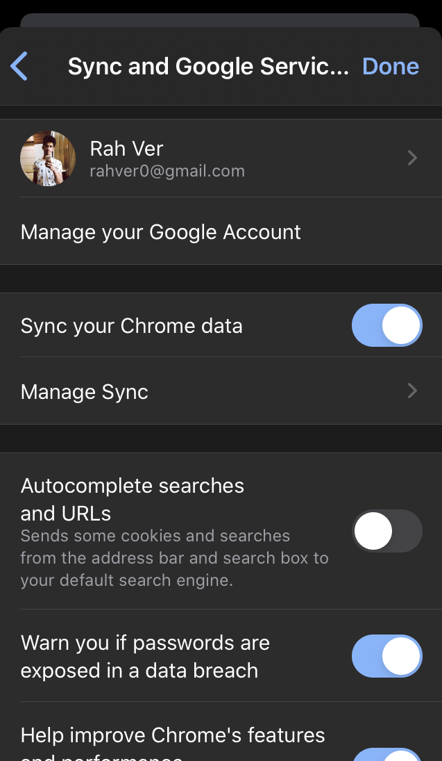Sync and Google Services in Chrome iPhone