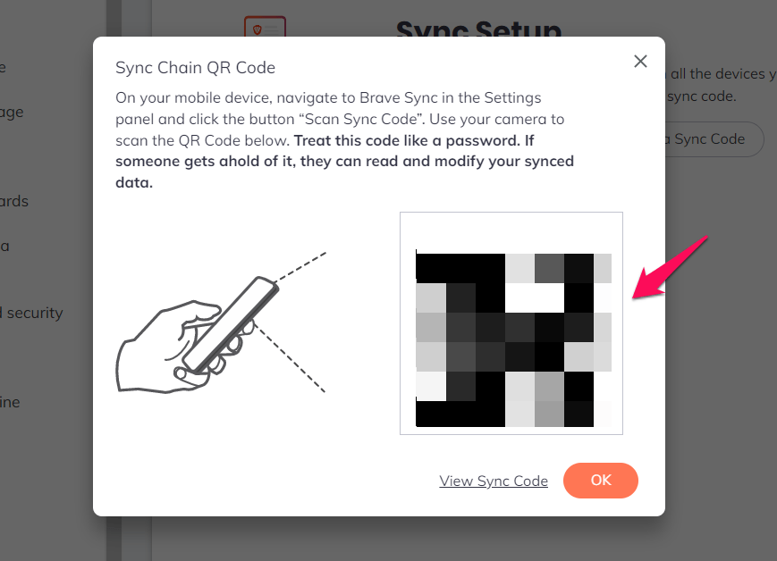 Sync Chain QR Code in Brave Computer Browser