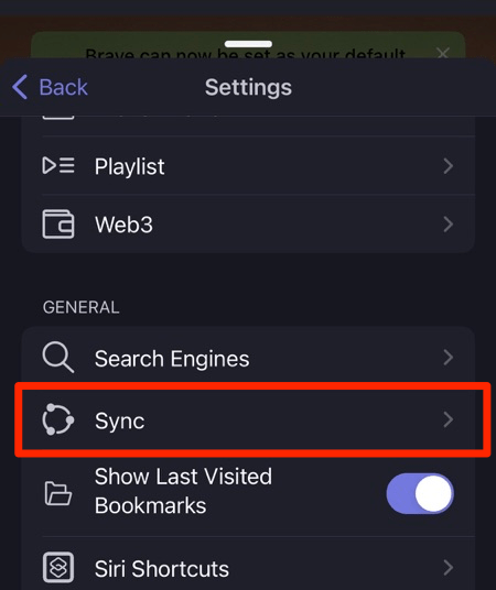 Sync Settings in Brave for iPhone