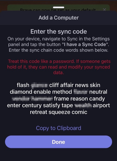 Sync code generated on the Brave for iPhone