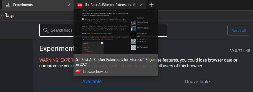 Tab Hover Cards in Microsoft Edge