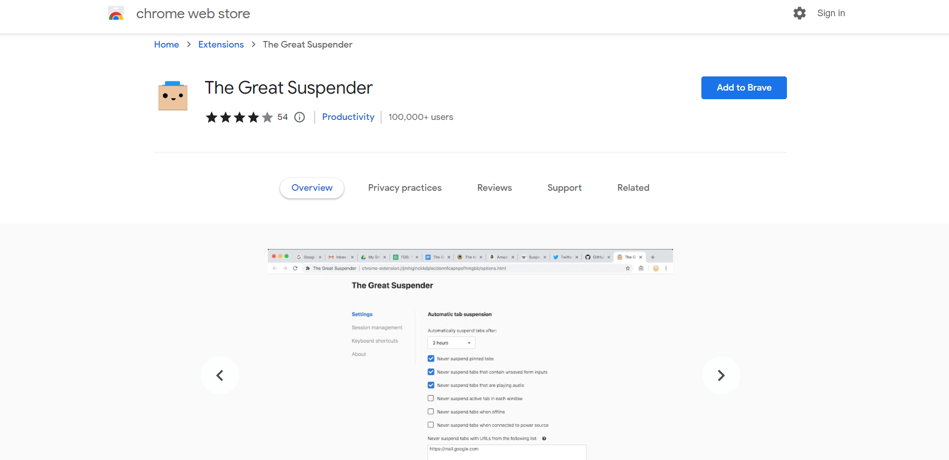 The Great Suspender Chrome Extension for Brave Browser