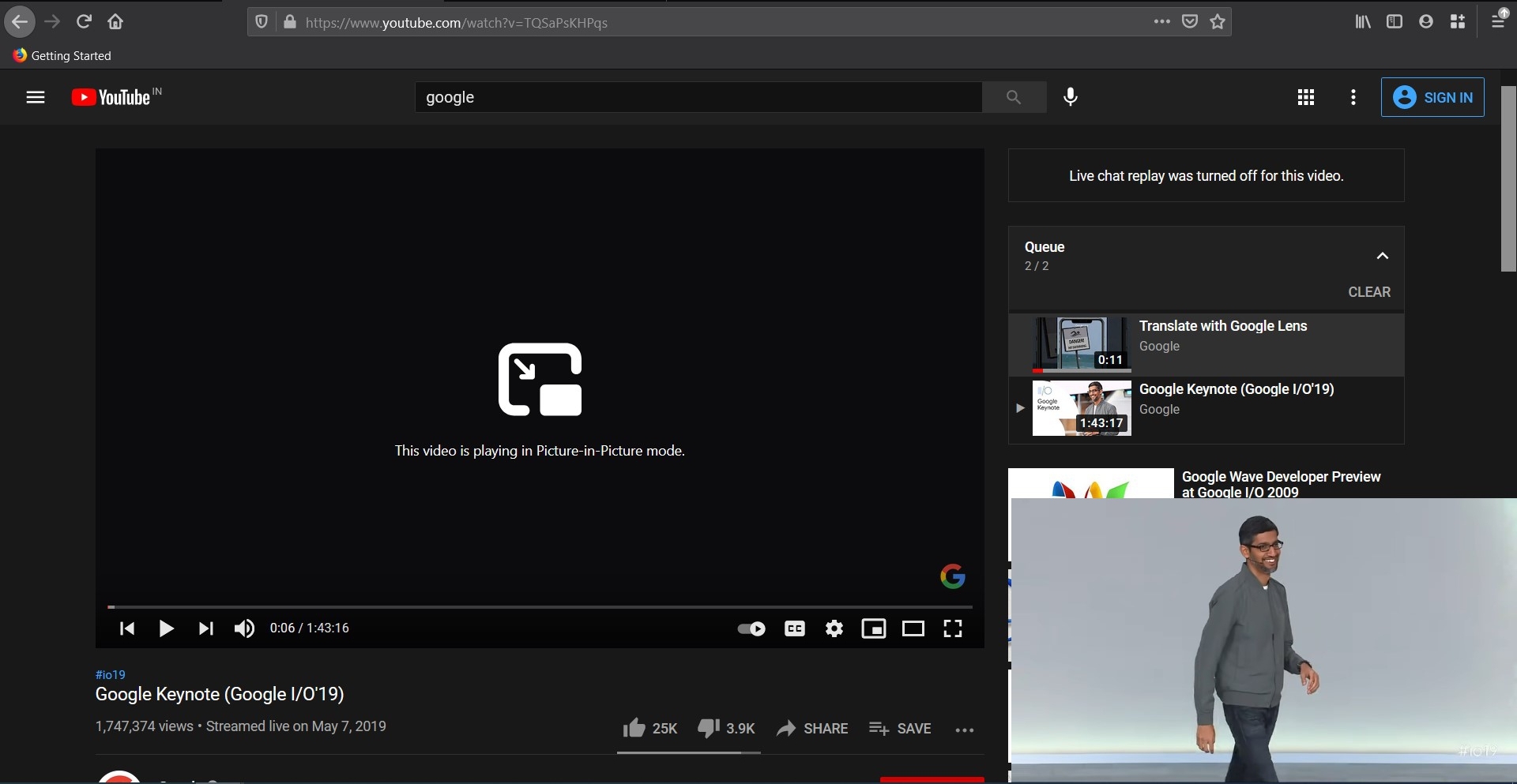 This video is playing in Picture in Picture Mode on YouTube Firefox