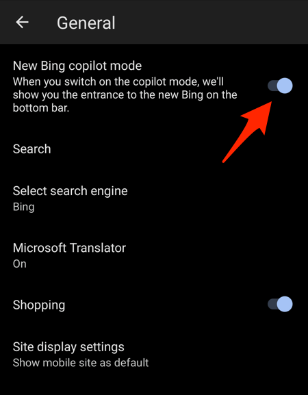 Toggle for New Bing copilot mode in bottom bar on Edge Mobile browser