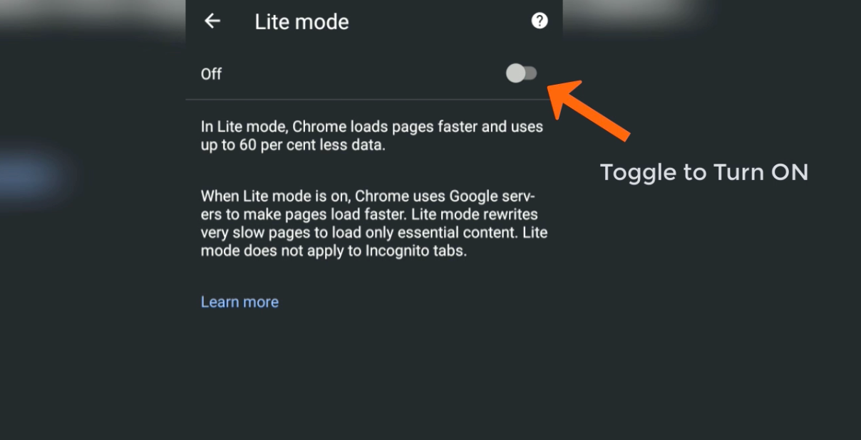 Toggle to turn on Lite mode in Chrome Android