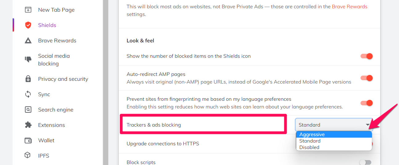 Trackers and Ads Blocking on Brave computer browser