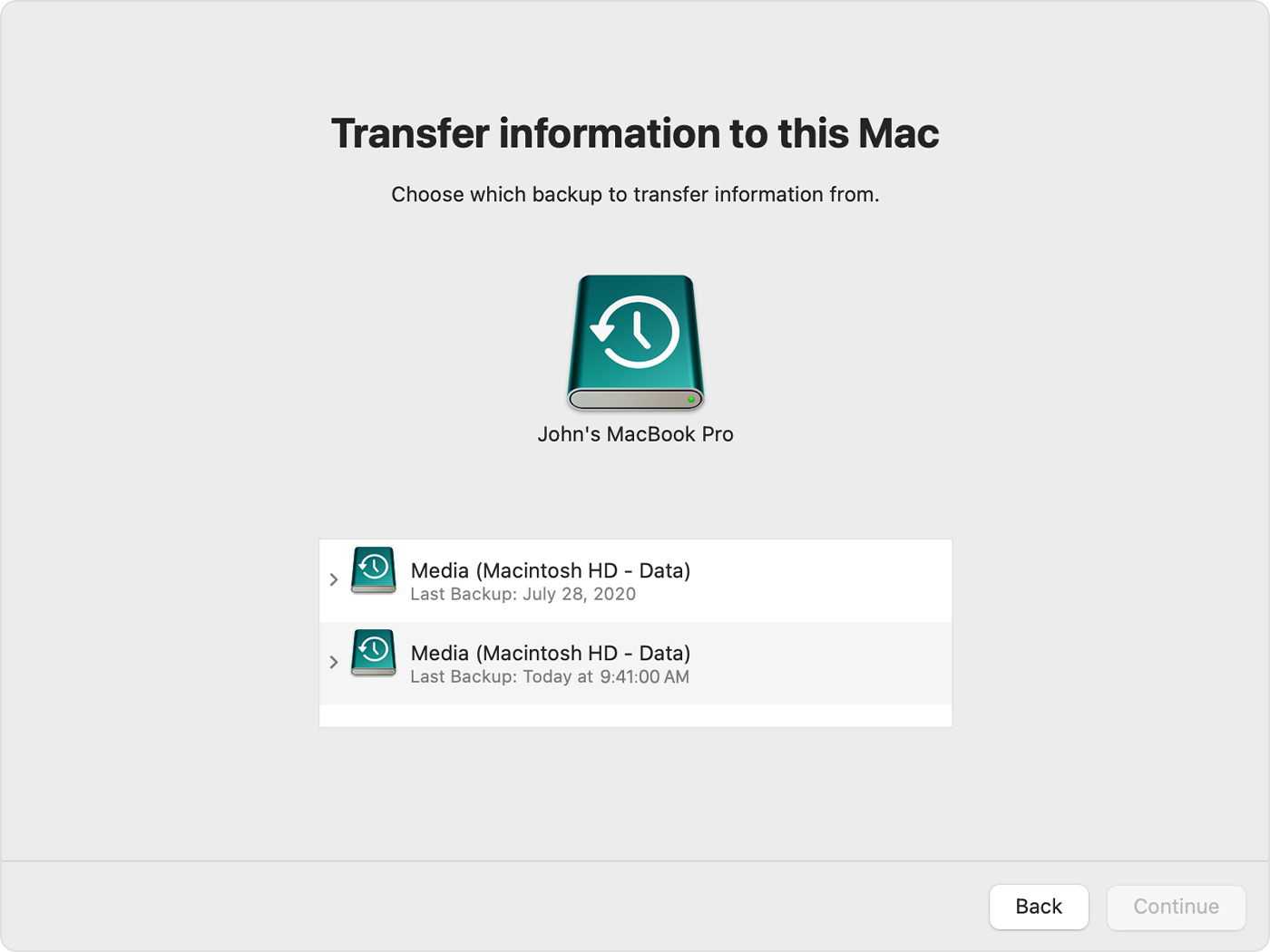 Transfer information to this mac Migration Assistant