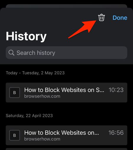 Trash icon on the History page in Edge iPhone