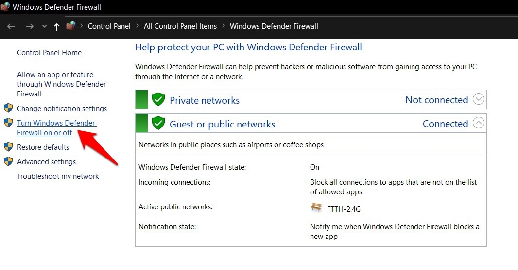 Turn Windows Defender Firewall ON or OFF on Windows