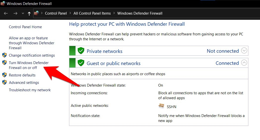 Turn Windows Defender Firewall ON or OFF