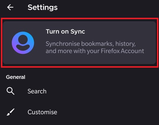 Turn on Sync Mozilla Firefox Android Mobile