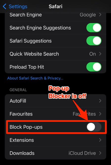 Turn off Block Pop-ups option for Safari in iPhone Settings page