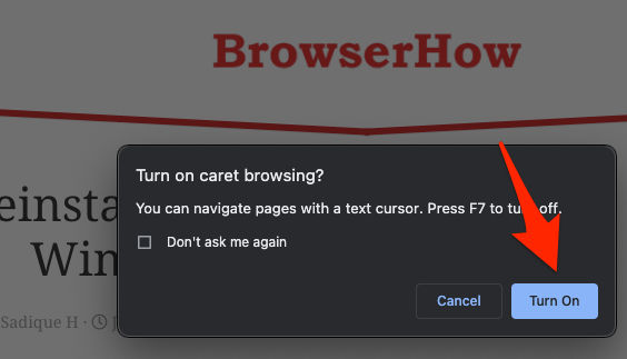 Turn on caret browsing on chrome browser