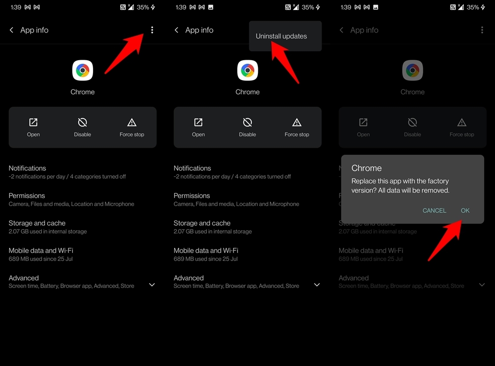 Uninstall Updates from Google Chrome on Android