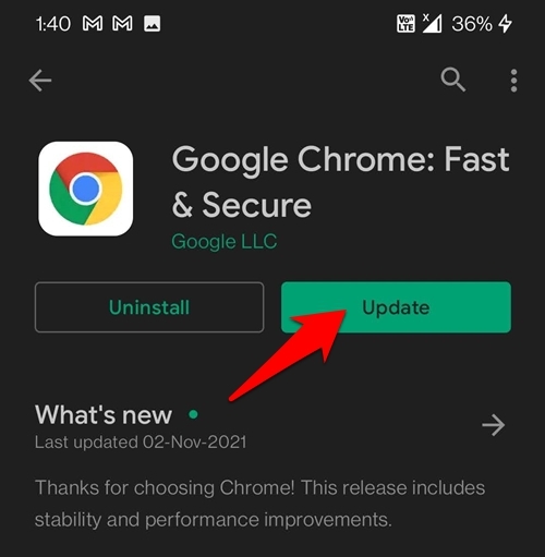 Update Google Chrome for Android from Play Store