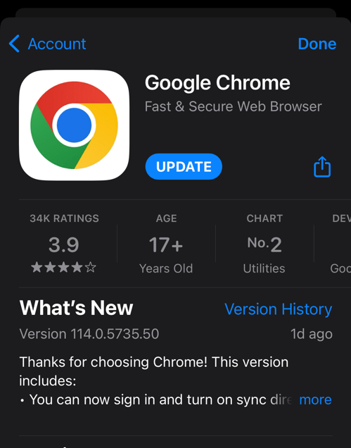 Update Google Chrome App on App Store in iPhone