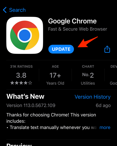 Update Google Chrome app on the iPhone