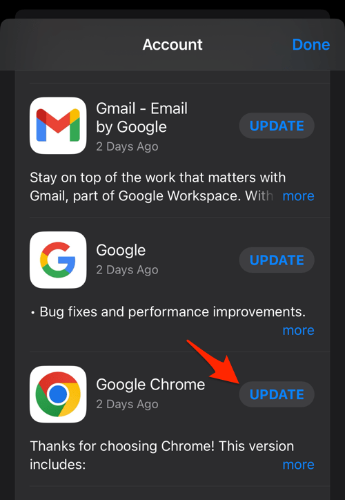 Update Google Chrome on iPhone App Store under Profile Available Updates section