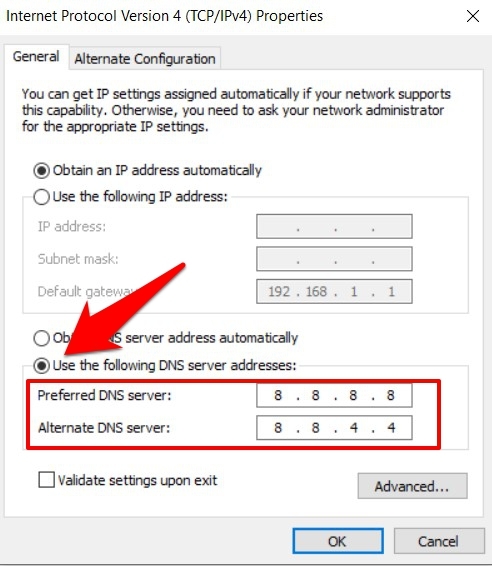Use Google DNS settings in Internet Properties Option