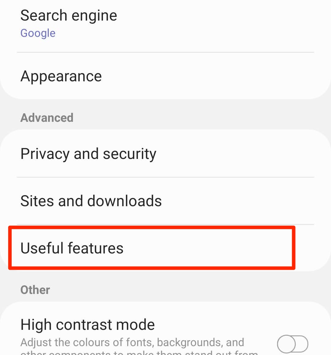 Useful features settings menu on Samsung Internet