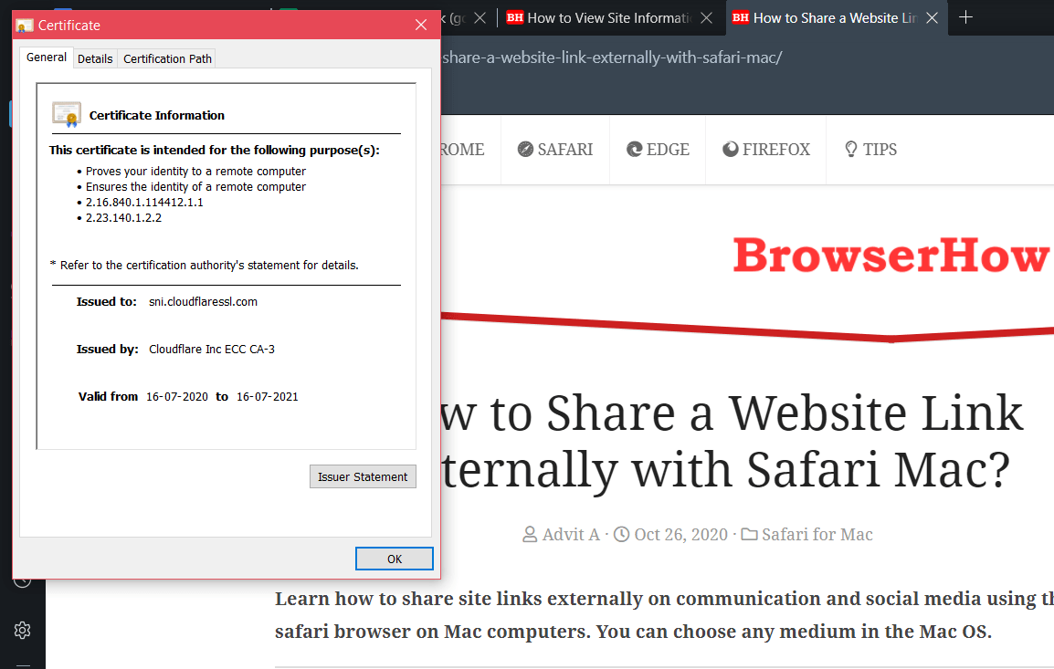 View Site SSL Security Certificate in Opera browser
