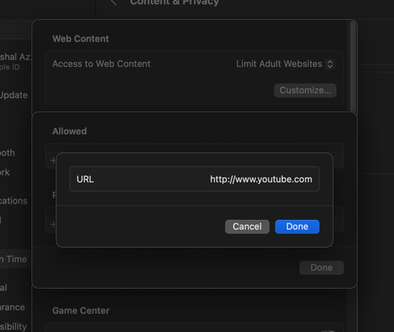 Web Content Restriction URL on Mac computer