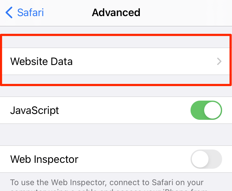 Website Data in Safari iPhone under Advanced Settings