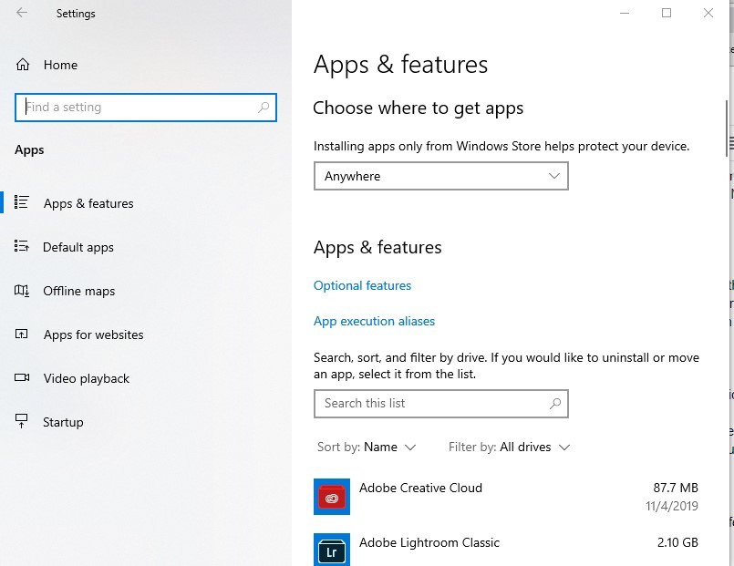 Windows 10 Apps and features window