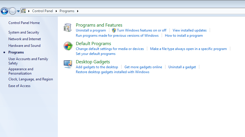 Windows 7 Control Panel - Programs and Features