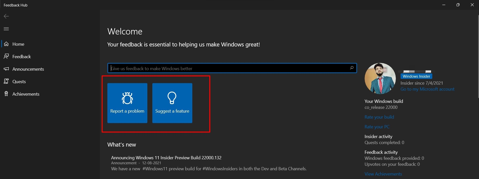 Windows Feedback Hub Report bug or suggest feature