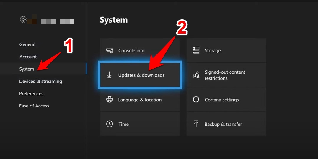 Xbox System Downloads and Updates menu