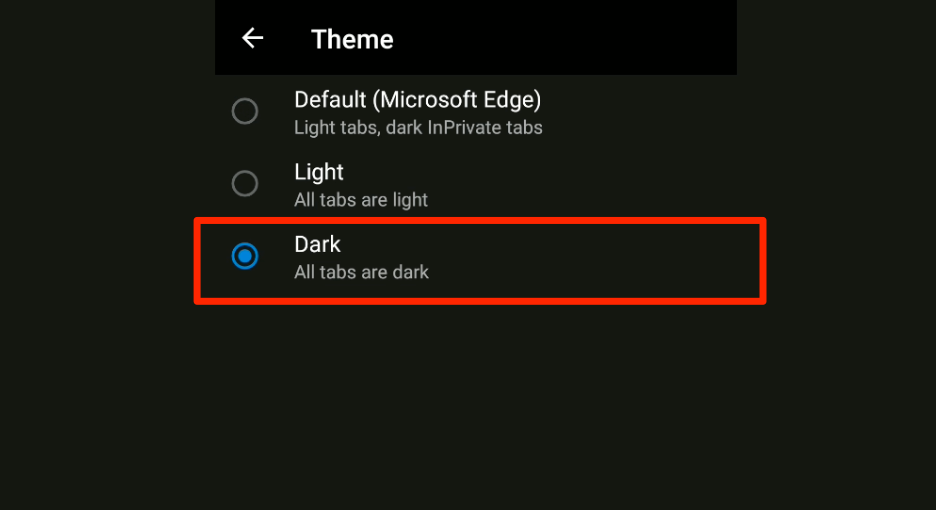 dark theme microsoft edge android