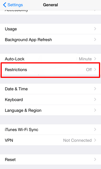 iOS General Settings Restriction option