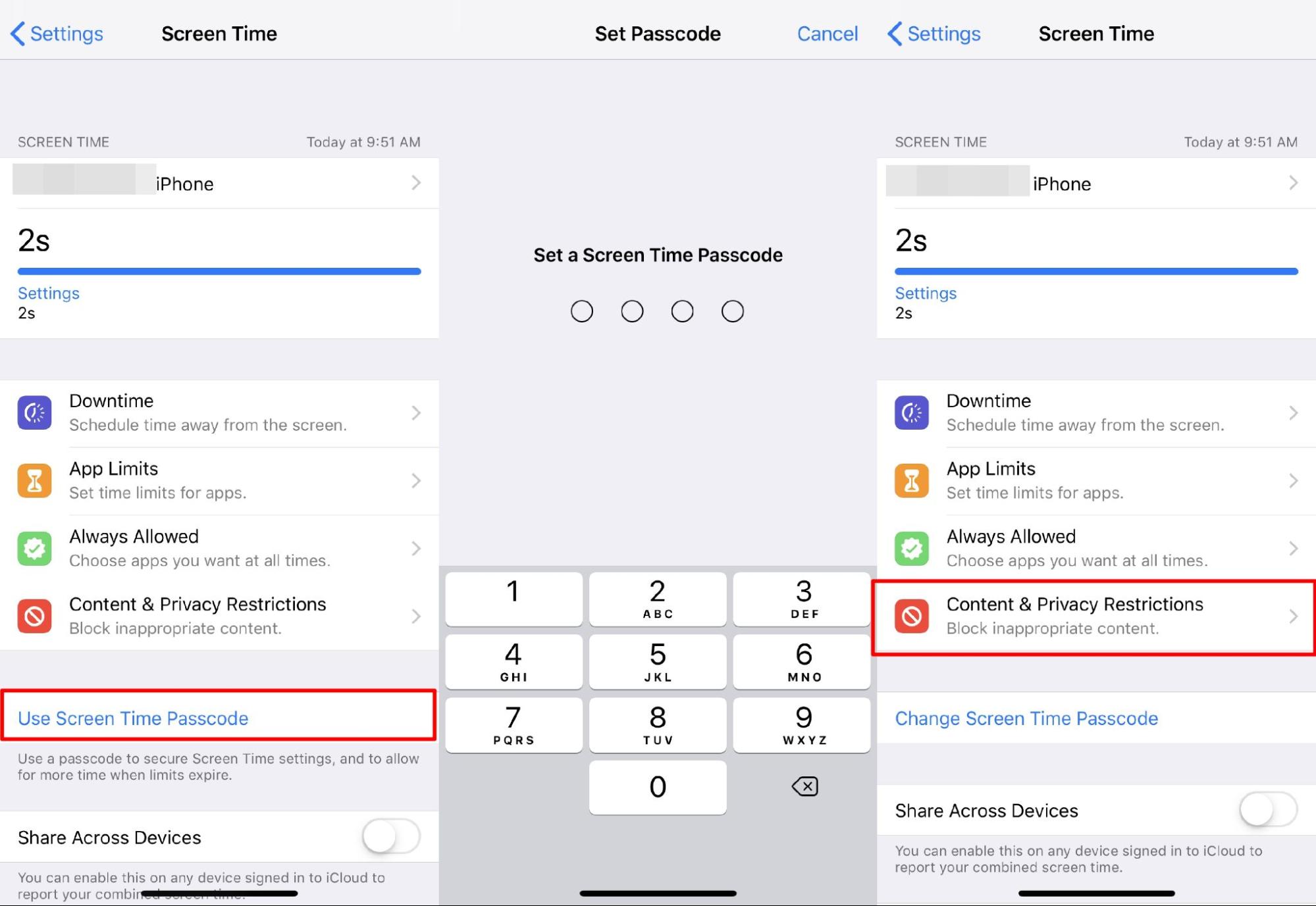 iOS Settings to Enable the Content and Privacy Restriction